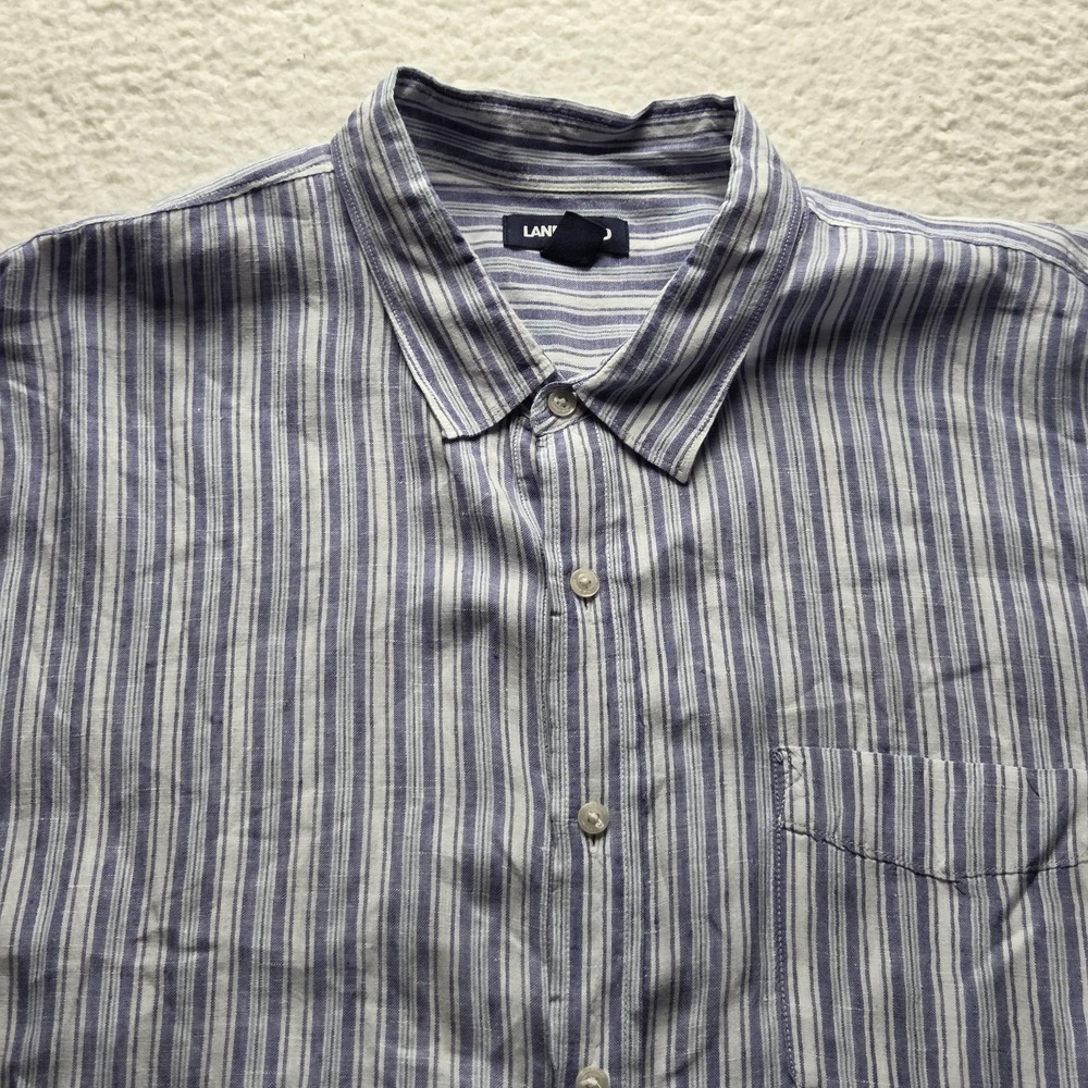 Lands' End Shirt Mens 2XLT Blue Stripe Short Sleeve 100% Linen Button-Up Casual